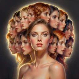 a portrait of a beautiful elegant female entity with 100 faces, backlit, strong rim light, highly detailed, digital painting, HDRI, skin tones, global illumination, ambient occlusion, Zbrush, by Dan Mumford, Casey Weldon, Alvaro Castagnet, Peter Mohrbacher, Artgerm, Andreas Rocha, vivid colors, high contrast, 8k resolution, intricate, photorealistic, smooth