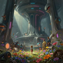 beautiful low angle painting of an alien world with sleek architecture, steampunk, floor of multicolour flowers, junk on the ground, neon lights, a tiny girl watching on, in the style of frank kelly freas, giorgio vasari, andrea pozzo, elegant, highly detailed, digital painting, artstation, cinematic lighting, extremely moody lighting, glowing light and shadow, trending on artstation, octane render