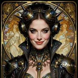 stunning exotic art nouveau portrait of anjelica huston as an industrial dieselpunk queen of the night by glenn fabry, simon bisley and alphonse mucha, photorealism, extremely hyperdetailed, perfect symmetrical facial features, perfect anatomy, ornate declotage, spikes, latex, confident expression, wry smile, sinister eyes
