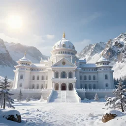 a scene concept design depicting a snow - covered palace in the changbai mountains under the shine of the sun, with a magnificent atmosphere ， super wide angle ， matte painting ， rtx on ， in huang guangjian style ， trending on cgsociety and artstation, unreal engine ， volumetric light ，