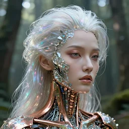 beautiful pragmatic face, crystal, platinum, copper, verdigris, biomechanoid with incredible iridescent pearlescent fiberoptic hair, crystalline masterpiece implants, hyperdetailed face, elegant pose, movie still, intricate, octane render, cinematic forest lighting, unreal engine, dieselpunk background setting, crepuscular rays, god rays.