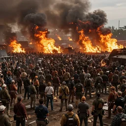 lots of people gathered like the borg, massive fires in the distance 4 k, ultra realistic, hdr, wide shot, metzae, uplight