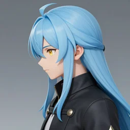 side profile of rimuru tempest looking down with sky blue hair, long hair, gold eyes, high collar, 3 5 mm, black jacket | shiny, highly detailed, rain, professional digital painting, concept art, award - winning photography, cinematic, wlop | art by pixiv art, yoshitaka amano, deviantart