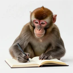 monkey studying writing in a notebook, 4k, HD, Full-HD, Super-Resolution, by Laurie Lipton