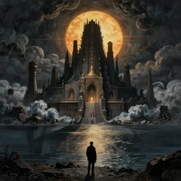 detailed art by carl gustav carus and zdzislaw beksinski, the great ancient forgotten city of lost carcosa, the ancient sleeping ghost city of hastur the king in yellow, 8 k resolution, smooth, sharp focus, dramatic dark eerie lighting, matte painting, along the shore the cloud waves break the twin suns sink behind the lake the shadows lengthen in carcosa