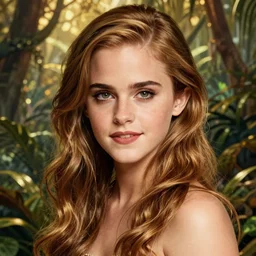 asian emma watson beauty, golden ambiance, jungle background, d & d, fantasy, intricate, elegant, highly detailed, digital painting, artstation, concept art, smooth, sharp focus, illustration, art by artgerm and greg rutkowski and alphonse mucha