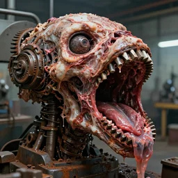 a close up of an elongated machine made of teeth and raw meat rust, in a factory, concept art by giger, cgsociety, assemblage, trypophobia, greeble, grotesque, biomechanical open chewing mouth, industrial saliva