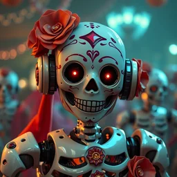 a mexican robot in the day of the dead festival, smiling, digital illustration, amazing detail, ray tracing, symmetric, 3 d render, inspired by deema egorov, concept art, character art, behance