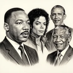 basic pencil drawing of martin luther king, michael jackson, presidant obama and nelson mandela together uhd, ultra realistic, 4 k, movie still, detailed, sharp, real life, cinematic