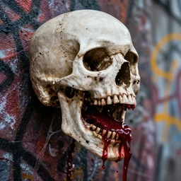 skull vomiting blood, graffiti spray paint