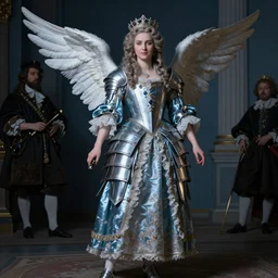 vertical portrait of an empress angel in armor rococo outfit. by gaston bussiere, by rembrandt, 1 6 6 7, artstation trending, blue light, by konstantin razumov *