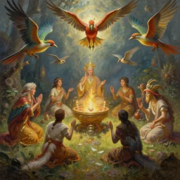 masterfully painted fantastic realist painting of the enchanted summoning rituals of exotic birds, digital painting trending on artstation octane render