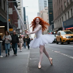 a girl with a giant smile:: red hair:: pale skin:: wearing ballet clothes:: holding a larger sword:: standing in a busy street:: in New York city:: wide angle:: tilt shift lens:: full body:: long shot:: volumetric lighting:: cinematic:: 8K:: octane render:: trending on artstation:: hyper realistic:: photo realistic:: by gregory crewdson