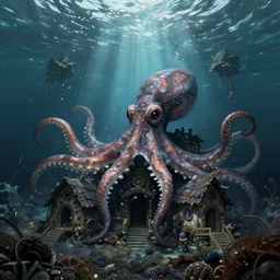octopus village. underwater. octopus houses. lovecraftian. beneath the sea. matte painting. artstation. deviantart. digital painting.