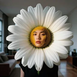 closeup, huge daisy flower head, woman in modern apartment, surreal photography, dramatic light, by victo ngai by james jean, by rossdraws, frank franzzeta, mcbess