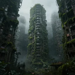 brutalist subterranean city, vines and moss growing buildings, dark, mist