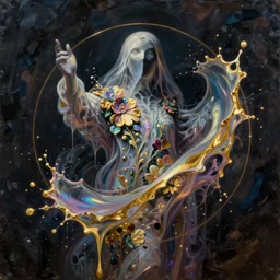 👾👗🛸🌈, paint splash + paint drip, phantom, dreary, flowery details, dramatic, fluid, iridescent, golden ratio, artstation, moebius + loish + wlop, hd, oil painting, hyper realistic,