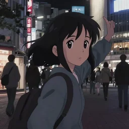 anime visual, dark portrait of a young female traveler in shibuya at night shopping, low light, cute face by ilya kuvshinov, yoh yoshinari, makoto shinkai, dynamic pose, dynamic perspective, cel shaded, flat shading mucha, rounded eyes, moody, detailed facial features, macross