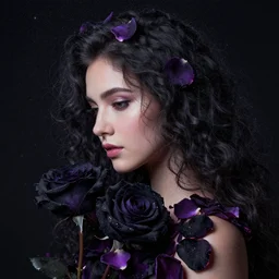 the goddess of flowers by peter mohrbacher, hyper realistic, octane render, stardust in atmosphere, black and purple rose petals, realistic hair, award winning artwork, trending on artstation, high quality printing, fine art with subtle redshift rendering