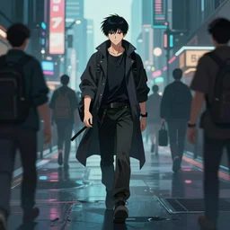 a beautiful picture of a cyberpunk rogue walking in crowded city by katsuhiro otomo trending on artstation