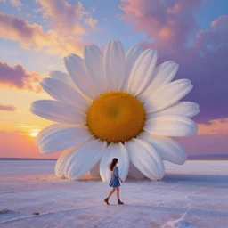 giant daisy flower head, girl walking on salt flats, surreal photography, sunrise, dramatic light, impressionist painting, colorful clouds, digital painting, artstation, simon stalenhag