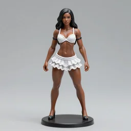 Product Introduction Photos, 4K, Full body, 80mm resin detailed miniature of a very muscular black lady in White and lacy ruffled mini-skirt, dark skin, black hair
