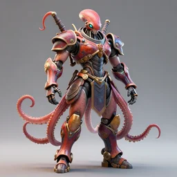 full body frontview portrait of warrior in octopus mech, character design, designed in blender, 4 k hd, octane render, intricate and highly detailed, coloured with lots of colour, posing