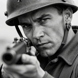 A soldier aiming a gun, indifferent face, world war 1, close-up, realistic face, beautiful face detail, mature facial features, black and white, amazing digital art, hyper detailed, artstation, in the style of Tony Sart