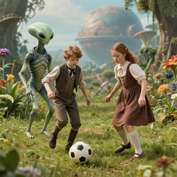 still from a sci fi blockbuster movie made in 2022, set in 1860, a boy and a girl are playing soccer with a humanoid alien, the boy and girl are wearing 1850s era clothes, in a park full of alien plants and flowers, on an alien planet, good lighting, 8k, in focus faces, good qaulity photography