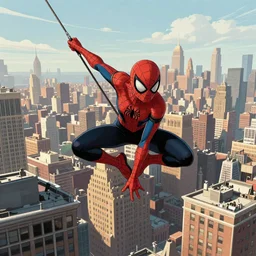 SpiderGirl Mayday Parker web swinging above rooftops in queens new york, comic book illustration, concept art, comic cover, cinematic, beautiful cinematography