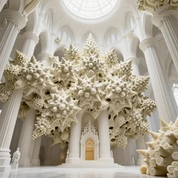 a hyperrealistic 3 d render of a huge sprawling fractal cathedral interior populated by mandelbrot fractals, unreal engine, carved ivory, carved soap, white color scheme, gold inlay, physically based render, volumetric lighting, octane render, dramatic lighting, glowing, carved marble, opalescent, sacred geometry, religious, angelic, catholicpunk, stark, 8 k, ultra detailed