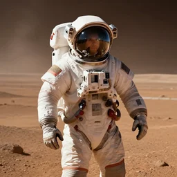 A professional futuristic photo of Mark Watney on the plains of Mars; high-quality, dramatic lighting; extremely high detail; trending on artstation