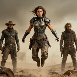 jumping tribeswoman,  destroyed armor, inspired by monster hunter and westerns, muscular body, clean beautiful symmetrical face,  subtle make up, epic,dramatic lighting, cinematic, establishing shot, extremely high detail, photorealistic, black panther the movie, dune the movie, cinematic lighting, artstation, octane render, western,old photo, vintage