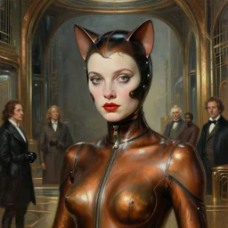 closeup painting of uncannily beautiful aristocrat wearing latex and bronze catsuit inside bronze art deco arcology, science fiction by j. c. leyendecker and fritz lang and rembrandt and greg rutkowski and stefan prohaczka