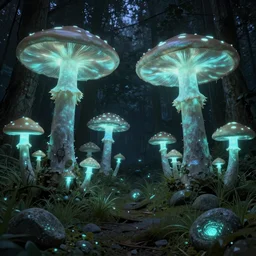 a forest of giant luminous mushrooms, lush grey grass and glowing stones on the forest floor, dark ambient environment lighting, by greg rutkowski, concept art, 8 k, hdr, fantasy, dark fantasy, trending on artstation, intricate