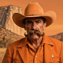 hd photograph of cowboy sherrif resembling yosemite sam with huge hat, huge mustache, orange colors
