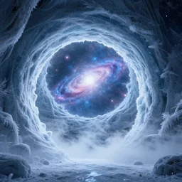 interdimensional galaxy portal covered in frost, zaha hadid hyader alive, ice gate, volumetric light, volumetric fog, unreal engine, photorealistic, 8 k