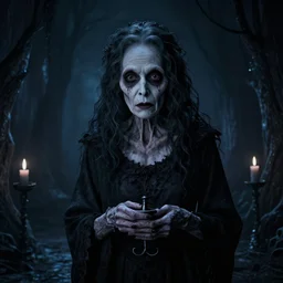 photorealistic cinematic of a darkness crypt scene with a scary ugly old woman, highly detailed, inspired by Tim Burton, Unreal Engine 4k