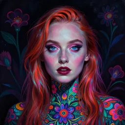 portrait of sophie turner, hyper detailed masterpiece, neon floral pattern, jean giraud, digital art painting, darkwave goth aesthetic, psychedelic, artgerm, donato giancola and tom bagshaw