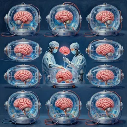 a solar punk painting of 9 rows of futuristic cryonic see through tanks with brains in them attached to wires. a robotic surgeon is operating on the brain. hyper realistic. human bio body parts.