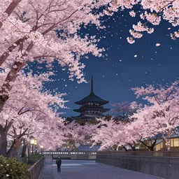 the city of kyoto 1 0 0 0 years ago at night,, with many cherry blossoms in full bloom, petals floating in the sky, in the style of studio fantasy, 8 k