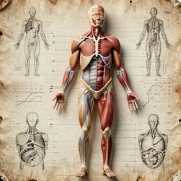 detailed and intricate design of a full body of human anatomy, 3 d design, great finesse organic hyper detailed, engineering blueprints, technical drawings, calculus, stained paper, hyperrealistic, ultra detailed, 4 k, octane render, unreal engine