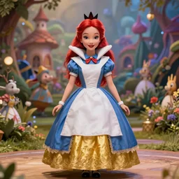 doll style red head queen, full body, alice in wonderland theme, disney inspired fantasy background, octane render, cinematic lighting, unreal engine, 8 k, ultra hd, realistic face