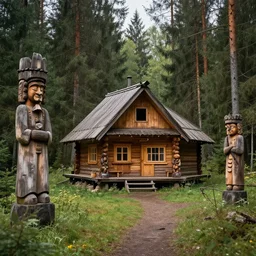 my grandpa build a cozy home in middle of the deep forest, near slavic wooden statues, artistic photo composition
