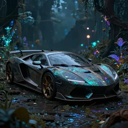 a fancy alien sports car abandoned on dusky biome, luminescent, enchanted plants, cinematic shot, intricate, ornate, photorealistic, ultra detailed, realistic, 1 0 0 mm, photography, octane, high definition, depth of field, bokeh, 8 k, behance, trending on artstation