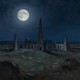 abandoned civilisation at full moon night, landscape painted by simon stalenhag