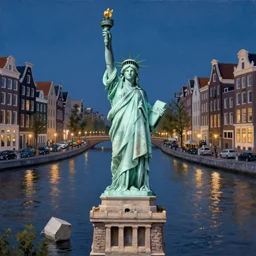 a very realistic painting of the statue of liberty being stoned and lost in the amsterdam canals surrounded by amsterdam houses at night with romantic city light ambiance and a starry sky painting by vincent van gogh in the style of james jean, 8 k ultra realistic no noise