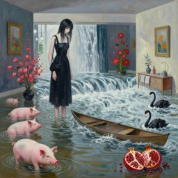 painting of flood waters inside an apartment, tall female emo art student, a river flooding indoors, tangelos, pigs, ikebana, water, river, rapids, waterfall, black swans, canoe, pomegranate, berries dripping, acrylic on canvas, surrealist, by magritte and monet