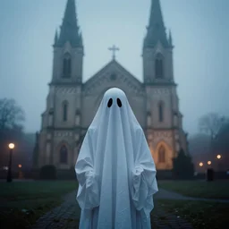 spooky ghost standing in front of a church during a foggy night, f1.8 anamorphic, bokeh, 4k, Kodachrome k135