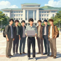 man holding laptop standing with friends in front of pusan national university. collaborative artwork by yoji shinkawa, yoshikata amano, greg ruthowski, alphonse murac, beautiful and ultrafine detailed, artstation
